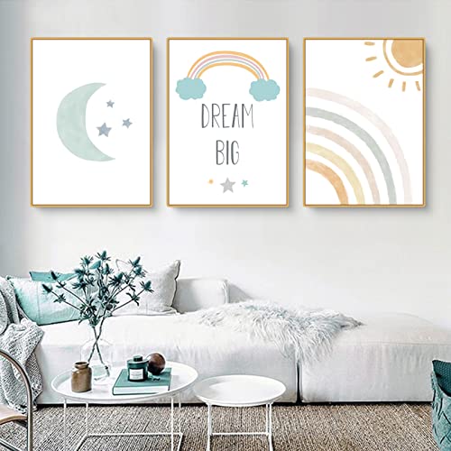 SWECOMZE Poster Kinderzimmer Bilder Deko Babyzimmer 3er Set Regenbogen Wolken Bilder Kinderzimmer Für Kinder Ohne Rahmen (A,30x40cm) von SWECOMZE