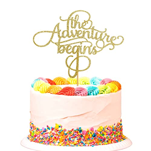 The Adventure Begins Tortenaufsatz, Going Away Reisethema Hochzeit Party Dekorationen, 2022 Abschlussfeier Party Dekor, Ruhestand Party Cake Topper, Gold Glitter von SWEETTALA