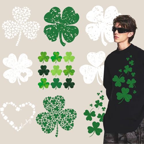 9 Bögen St. Patrick's Day Bügelbilder Kleeblatt zum Aufbügeln auf Flicken grünes Kleeblatt Herz Wärmetransfer Vinyl Designs St. Patrick Bügelaufkleber für Hut Damen & Herren T-Shirt Kissen Leinwand von SWEKKE