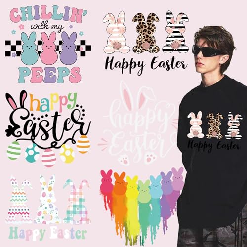 Ostertag Bügelbilder 6 Bögen Häschen zum Aufbügeln Niedliches Kaninchen Transfer Vinyl Designs Regenbogen Häschen Ostern Aufbügeln Aufkleber für Hut Damen & Herren T-Shirt Kissen Leinwand Tasche DIY von SWEKKE