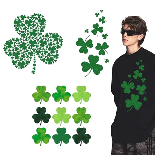 St. Patrick's Day Bügelbilder, 3 Bögen, Kleeblatt, zum Aufbügeln, grünes Kleeblatt, Wärmetransfer-Vinyl-Designs, St. Patrick zum Aufbügeln für Mützen, Damen und Herren, T-Shirt, Kissen, Segeltuch, von SWEKKE