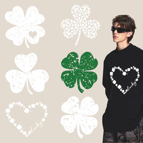 St. Patrick's Day Bügelbilder, 6 Bögen, Kleeblatt, zum Aufbügeln, grünes Kleeblatt, Herz, Wärmetransfer, Vinyl-Designs, St. Patrick zum Aufbügeln für Mützen, Damen und Herren, T-Shirt, Kissen, von SWEKKE