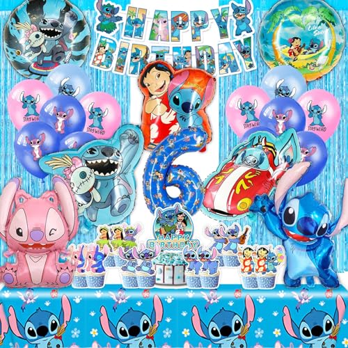 Neu Stich Geburtstagsdeko 6 Jahre, Lilo und Stitck Geburtstag Deko 6 Jahre Mädchen Jungen, Stitck Deko Geburtstag Ballons mit Kuchen Deko, Stich und Angel Kindergeburtstag (Stitch Party Deko 6 Jahre) von SWOKKTS