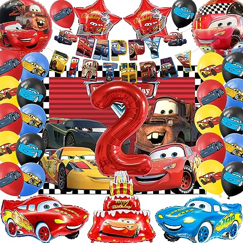 SWOKKTS Cars Geburtstag Deko 2 jahre, Kinder Auto Geburtstagsdeko 2 jahre, Auto Luftballons Geburtstag Jungen Mädchen, Cars Geburtstagsbanner Folienballon und Hintergrund (Rot Zahlenballons 2) von SWOKKTS