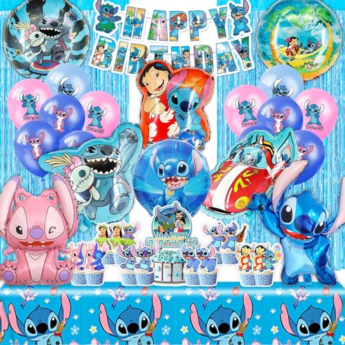 SWOKKTS Neu Stich Geburtstagsdeko, Lilo und Stitck Geburtstag Deko Mädchen Jungen, Stitck Deko Geburtstag Ballons mit Kuchen Deko, Stich und Angel Kindergeburtstag (Stitch Party Deko) von SWOKKTS