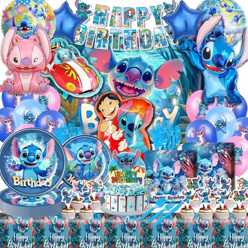 SWOKKTS Stich Geburtstagsdeko, Lilo Stitck Deko Mädchen Junge, Stitck Luftballon Banner Teller Servietten Tischdecke Geschirr Hintergrund Kuchen Deko, Stich Angel Kindergeburtstag (Stich Party Deko) von SWOKKTS