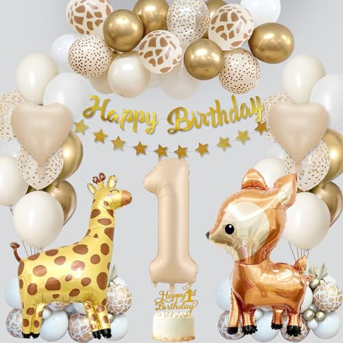 1. Geburtstag Junge Mädchen, 1. Geburtstag Deko Geburtstagsdeko 1 Jahr Junge Mädchen, mit Happy Birthday Girlande Beige Gold Luftballons 1 Geburtstag Cake Topper für Baby Kindergeburtstag 1 Jahr Deko von SWPEED