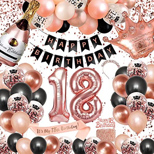 18. Geburtstag Dekorationen Mädchen, SWPEED Rosegold Schwarz Deko Set 18th Ballons Happy Birthday Banner Girlande Konfetti luftballon Frauen Mädchen Geburtstag Deko 18 Geburtstag Party Deko Supplies von SWPEED