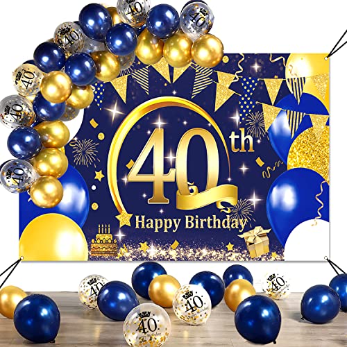 40 Geburtstag Dekoration Männer Frauen, Extra Lange Deko 40 Geburtstag Banner Poster und Navy Blau Gold luftballons Konfetti Luftballons, 40 Jahr Geburtstagdeko Banner Hintergrund (74,8×47,2 Zoll) von SWPEED