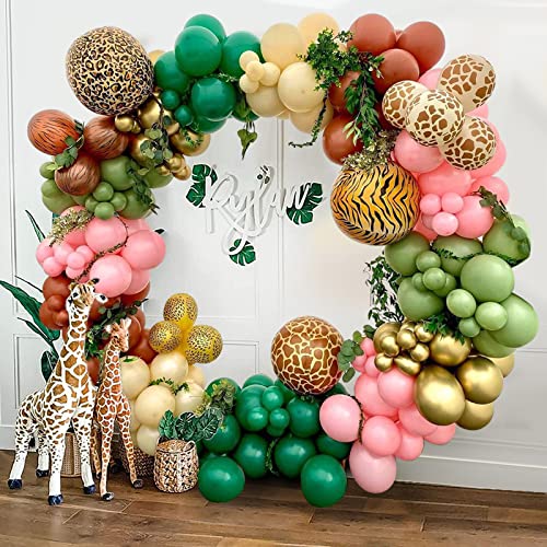 Luftballons Girlande Dschungel,Luftballons Geburtstag Ballongirlande Set mit Grün Rosa Kaffee Aprikose Metallic Gold Latex Ballons Animal Luftballon für Mädchen Hochzeit Baby Shower Taufe Safari Deko von SWPEED