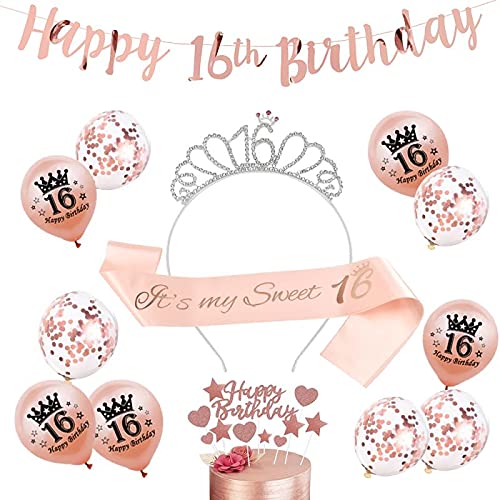 SWYOUN Rotgold Sweet 16th Happy Birthday Banner 16th Birthday Party Schärpe und Tiara 16th Birthday Party Ballon 16th Birthday Cake Topper Party Dekoration von SWYOUN