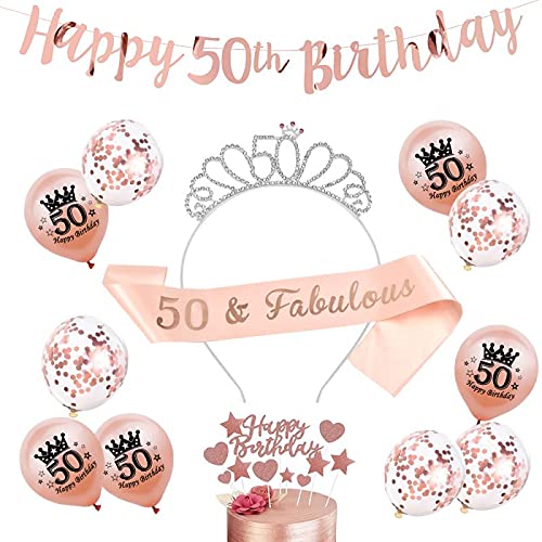 SWYOUN Rotgoldenes Banner zum 50. Geburtstag und Partyschleife und Tiara zum 50. Geburtstag, Party-Ballon, Partydekoration von SWYOUN