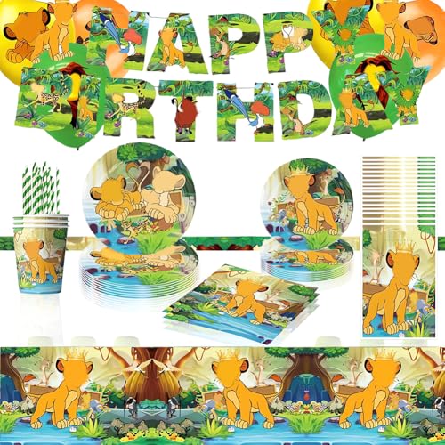 80PCS Gelber Löwe Thema Party Geschirr Set, Tier Geburtstag Party Dekoration SetLions Pappbecher Teller Servietten Trinkhalme Banner Tischdecke Luftballons für Kindergeburtstag Party von SWZY