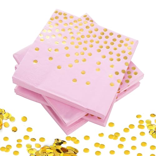 Servietten Rose Gold Dots, 80 Stück 2-lagig Geburtstag Foiled Papierservietten, Rose Golden Foiled Papierservietten für Konfirmation Kommunion Taufe Geburtstag Hochzeit und Party 33 x 33 cm von SXCCNW