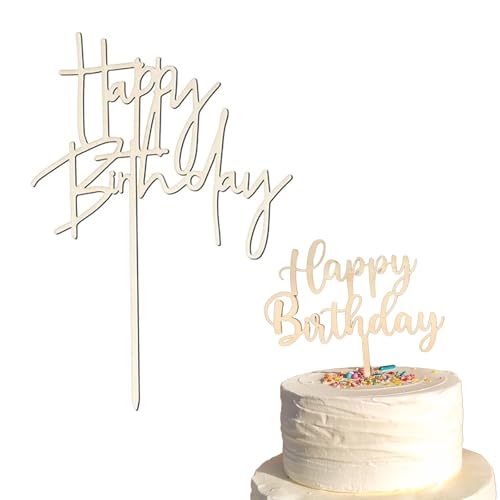 2 Stück Happy Birthday Cake Topper, Tortenstecker Holz Kuchendeko Geburtstag Kuchen Deko Beige Torten Topper von SXTDKMJ