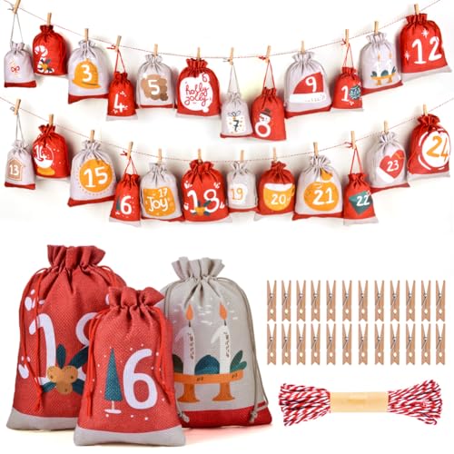 SXUUXB 24 Stück Jute Adventskalender zum Befüllen, Holzklammern Kordel für Selbstbefüllen mit Beuteln,DIY Adventskalender Selber Befüllen, Adventskalender zum Befüllen Kinder 2024 von SXUUXB