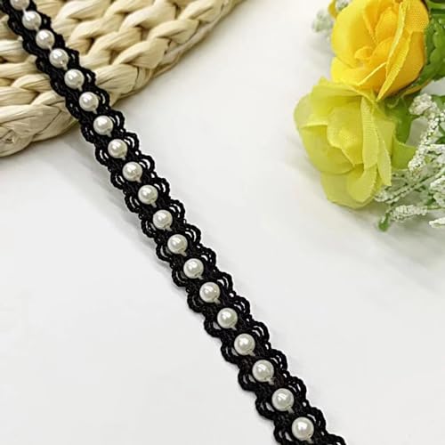 SYBNIKOLF Spitzenband, 1 Yard Stickerei-Blumen-Tüll-Spitzenstoff-Besatzband, 1 cm, DIY-Näh-Rüschen-Applikation, Kragen, Kleid, Guipure-Dekoration (schwarz)(Black White Beads) von SYBNIKOLF