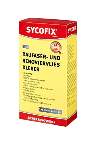 SYCOFIX Raufaser- und Renoviervlies Kleber 1kg, Tapetenkleister für Raufaser-, Vliestapeten, Renovier-, Malervlies, Glasgewebe, Tapeten aller Art, feuchtigkeitsbeständig, transparent von SYCOFIX