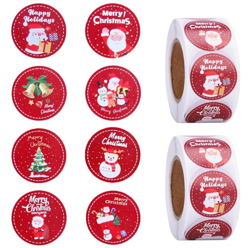 1000 Stück Weihnachtssticker, 2 Rollen Weihnachtsaufkleber Selbstklebend, 3.8CM Weihnachtsaufkleber Rund, Geschenketiketten Weihnachten Sticker für Weihnachtskarten Geschenktaschen Papiertüten von SYHSYC