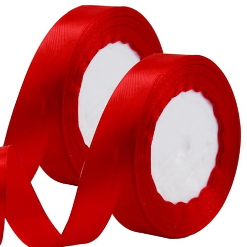 Satinband Rot 2 Rollen, 22M Geschenkband Rot Breit, 20MM Schleifenband Rot, Rotband Rot Geschenkband Weihnachten Rotes Band für Hochzeit Geburtstag Deko Geschenkverpackung Dirndl Band zum Schnüren von SYHSYC