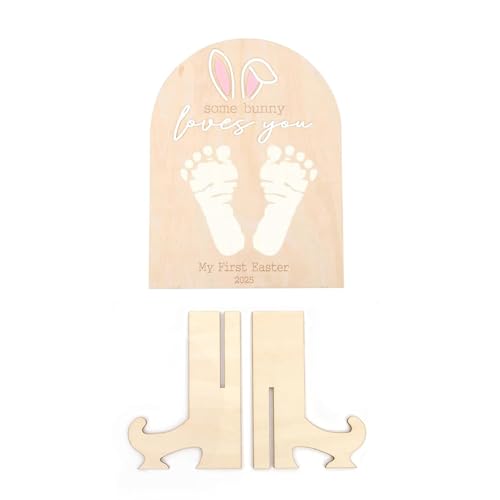 SYJHHWGS Holzbrett mit Aufschrift "Easters Footprint Keepsakes" für Babys erste Ostermeilensteine, Holzschild und Kinderzimmer-Tischdekoration von SYJHHWGS