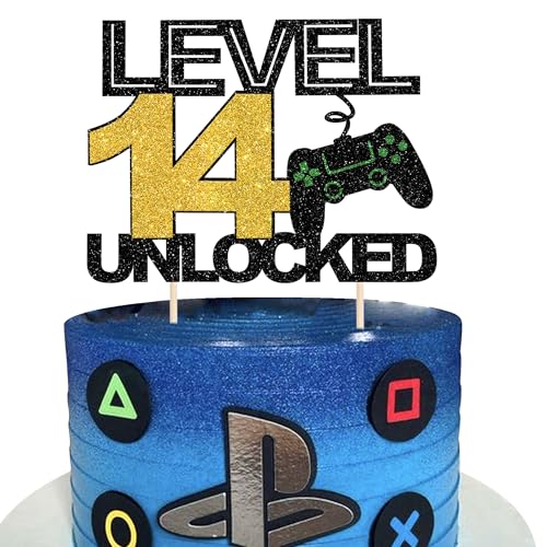 1 Stück 14 Videospiel Cake Topper Glitzer Gaming Level Unlocked Tortendeko 14th Geburtstag Spielkonsolen Kuchen Deko für Jungen Mädchen Spielkonsole Theme Geburtstag Party Kuchendeko von SYKYCTCY