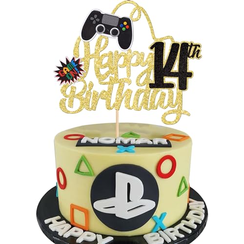 1 Stück 14th Videospiel Tortendeko Glitter Geburtstag Cake Topper Gaming Happy Birthday Kuchen Deko Videospiel Thema Cake Dekoration für Jungen Kindergeburtstag Spiel Thema Party Dekoration Gold von SYKYCTCY