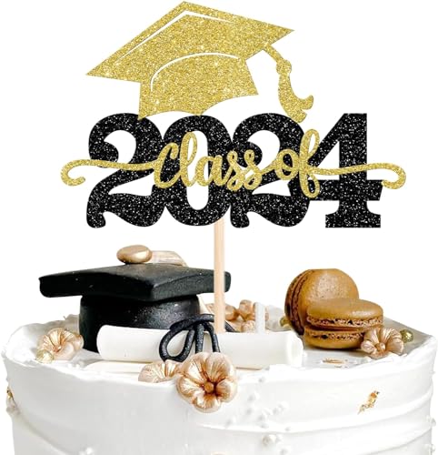 1 Stück 2024 Abschluss Tortendeko Glitzer 2024 Graduation Kuchen Deko Graduierung Kappe Tortendekoration Cake Topper für 2024 Schule Abschluss Party Gold von SYKYCTCY