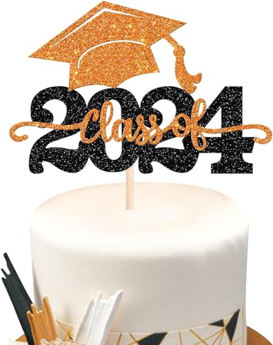 1 Stück 2024 Abschluss Tortendeko Glitzer 2024 Graduation Kuchen Deko Graduierung Kappe Tortendekoration Cake Topper für 2024 Schule Abschluss Party Orange von SYKYCTCY