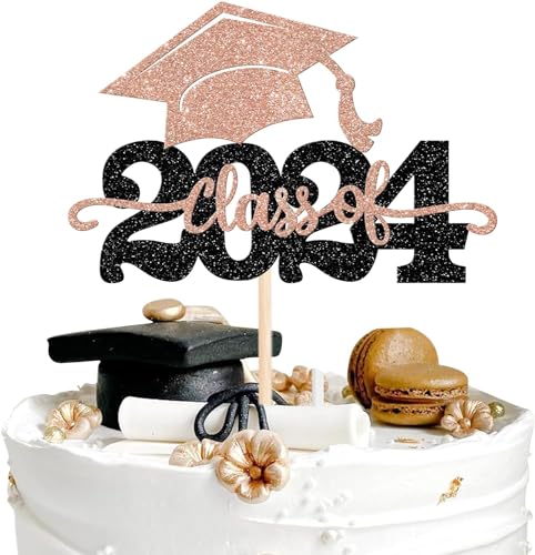 1 Stück 2024 Abschluss Tortendeko Glitzer 2024 Graduation Kuchen Deko Graduierung Kappe Tortendekoration Cake Topper für 2024 Schule Abschluss Party Rosegold von SYKYCTCY