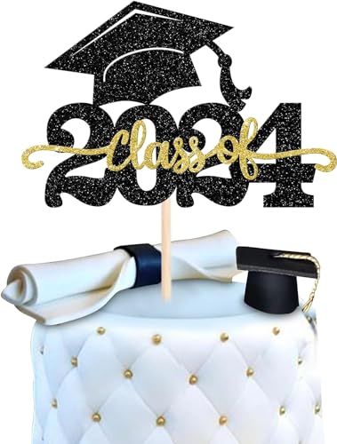 1 Stück 2024 Abschluss Tortendeko Glitzer 2024 Graduation Kuchen Deko Graduierung Kappe Tortendekoration Cake Topper für 2024 Schule Abschluss Party Schwarz Gold von SYKYCTCY