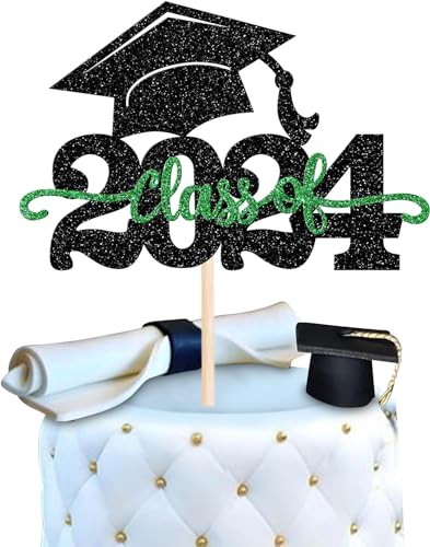 1 Stück 2024 Abschluss Tortendeko Glitzer 2024 Graduation Kuchen Deko Graduierung Kappe Tortendekoration Cake Topper für 2024 Schule Abschluss Party Schwarz Grün von SYKYCTCY