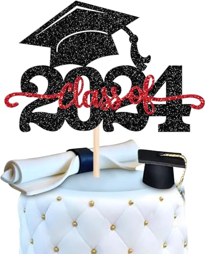 1 Stück 2024 Abschluss Tortendeko Glitzer 2024 Graduation Kuchen Deko Graduierung Kappe Tortendekoration Cake Topper für 2024 Schule Abschluss Party Schwarz Rot von SYKYCTCY