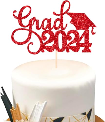 1 Stück 2024 Abschluss Tortendeko Glitzer Grad 2024 Kuchen Deko Graduation Grade Cap Cake Decorations für 2024 Abschluss Party Kuchen Dekoration Rot von SYKYCTCY