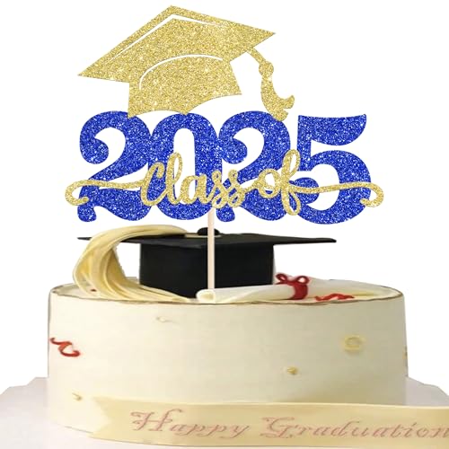 1 Stück 2025 Abschluss Tortendeko Glitzer 2025 Graduation Kuchen Deko Graduierung Kappe Tortendekoration Cake Topper für 2025 Schule Abschluss Party Gold Blau von SYKYCTCY