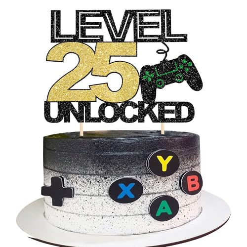 1 Stück 25 Videospiel Tortendeko Glitzer Gaming Level Unlocked 25th Geburtstag Kuchen Deko Spielkonsolen Cake Topper für Jungen Mädchen Spielkonsole Theme Geburtstag Party Kuchendeko von SYKYCTCY