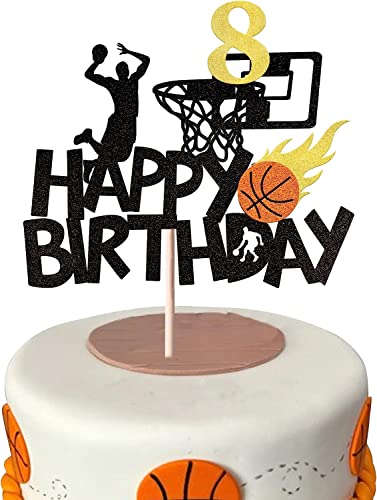 1 Stück 8th Happy Birthdy Korbball Tortendeko, Glitzer NBA Fan Korbball Sports Thema Cake Topper Kuchen Dekoendeko für Baby Dusche 8th Geburtstag Torte Dekorationen Partyzubehör Schwarz von SYKYCTCY