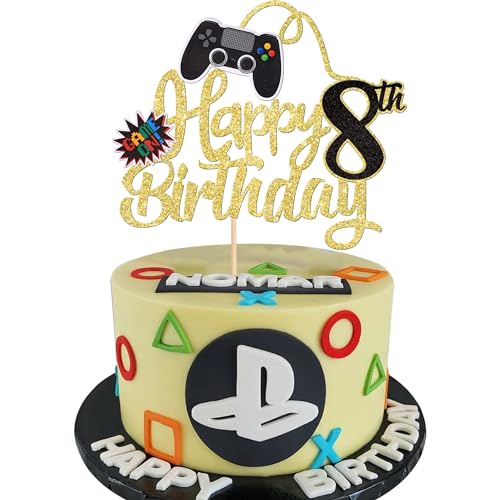 1 Stück 8th Videospiel Tortendeko Glitter Geburtstag Cake Topper Gaming Happy Birthday Kuchen Deko Videospiel Thema Cake Dekoration für Jungen Kindergeburtstag Spiel Thema Party Dekoration Gold von SYKYCTCY