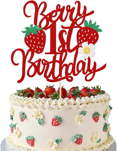 1 Stück Berry 1st Birthday Tortendeko Glitzer Erdbeere Kuchen Deko mit Blume Süßes Obst für Erdbeere Thema Baby Dusche Kinder 1. Geburtstag Party Kuchen Dekorationen Rot von SYKYCTCY
