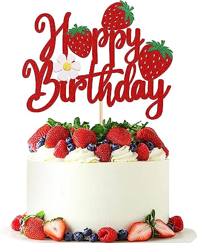 1 Stück Erdbeere Happy Birthday Geburtstag Tortendeko, Glitzer Strawberry Kuchen Deko Sommer Früchte Cake Topper für Kinder Jungen Mädchen Geburtstag Baby Dusche Party Supplies von SYKYCTCY