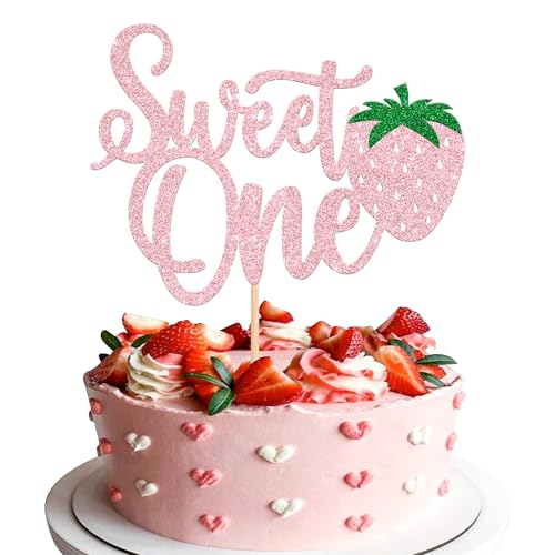 1 Stück Erdbeere Sweet One Geburtstag Tortendeko, Glitzer Strawberry Kuchen Deko Sommer Früchte Cake Topper für Baby Dusche 1. Geburtstag Party Rosa von SYKYCTCY