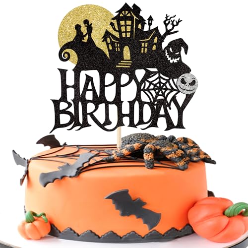 1 Stück Halloween Tortendeko Glitzer Happy Birthday Halloween Cake Topper Zauberer Gespenst Kürbis Kuchen Deko für Gespenst Zauberer Hexe Thematische Kuchendekoration Geburtstag Party Schwarz Gold von SYKYCTCY