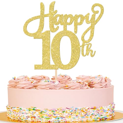 1 Stück Happy 10th Tortendeko Glitzer Number 10 Geburtstag Kuchen Deko Prost auf 10 Jahre alt Cake Topper für 10th Jahrestag Geburtstag Party Kuchen Dekorationen Gold von SYKYCTCY