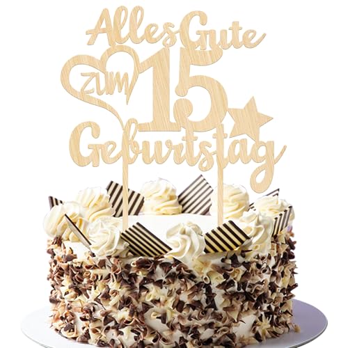 1 Stück Holz Alles Gute zum Geburtstag 15 Jahre alt Tortendeko 15th Geburtstag Kuchen Deko Prost auf 15 Geburtstag Kuchendeko für 15th Jungen Mädchen Geburtstag Party Kuchen Dekorationen von SYKYCTCY