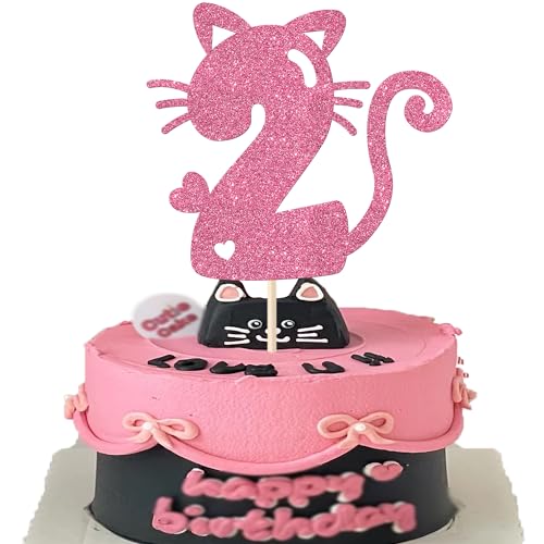 1 Stück Katze 2nd Tortendeko Zweite Geburtstag Kuchen Deko Glitzer Niedliches Kätzchen Cake Topper für Katze Thema Baby Dusche Kinder 2 Jahre alt Geburtstag Hochzeit Party Kuchen Dekorationen Rosa von SYKYCTCY