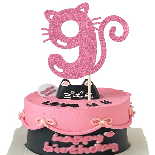 1 Stück Katze 9th Tortendeko Neun Geburtstag Kuchen Deko Glitzer Niedliches Kätzchen Cake Topper für Katze Thema Baby Dusche Kinder 9 Jahre alt Geburtstag Hochzeit Party Kuchen Dekorationen Rosa von SYKYCTCY