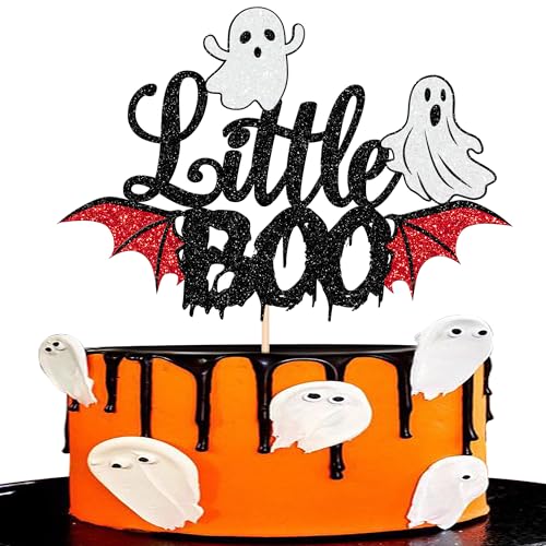 1 Stück Little Boo Tortendeko Glitzer Boo Ghost Halloween Kuchen Deko Gespenstische Baby Dusche Cake Topper für Halloween Thema Baby Dusche Kinder Geburtstag Party Kuchen Dekorationen Schwarz von SYKYCTCY