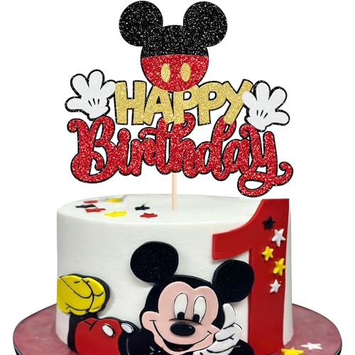 1 Stück Maus Happy Birthday Tortendeko Glitzer Weiße Handschuhe Maus Inspiriert Kuchen Deko Mouse Inspired Cake Topper für Baby Dusche Kinder Geburtstag Party Kuchen Dekorationen Rot von SYKYCTCY