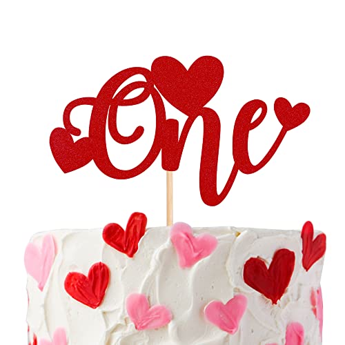 1 Stück One Cake Topper mit Glitzer Love Heart 1st Valentinstag Baby Dusche Kuchen Deko Tortendeko für Valentinstag Thema Hochzeit Baby Dusche Kinder 1st Geburtstag Party Kuchen Dekorationen Rot von SYKYCTCY