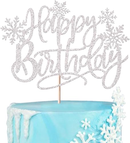 1 Stück Schneeflocken Tortendeko Glitzer Happy Birthday Winter Kuchen Deko Gefrorenes Thema Cake Topper für Eingefroren Thema Geburtstag Party Weihnachten Baby Dusche Kuchen Dekoration Silber von SYKYCTCY